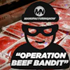 Manufacturing Now branded meme featuring a cartoon character with sunglasses and 'Operation Beef Bandit' text overlaid on packaged red meat display