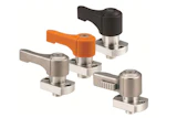 Industrial toggle clamps with stainless steel and colored handles in orange and black