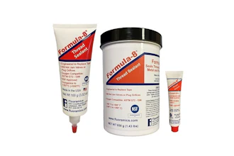 Fluoramics Formula 8 thread sealant products in three sizes: tube, jar, and small applicator tube