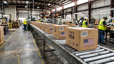 Workers in safety vests process cardboard boxes marked 'Made in USA' on a warehouse conveyor belt system.