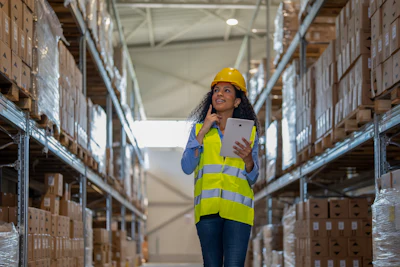 Female warehouse worker in yellow hard hat and safety vest holding tablet in distribution center aisle