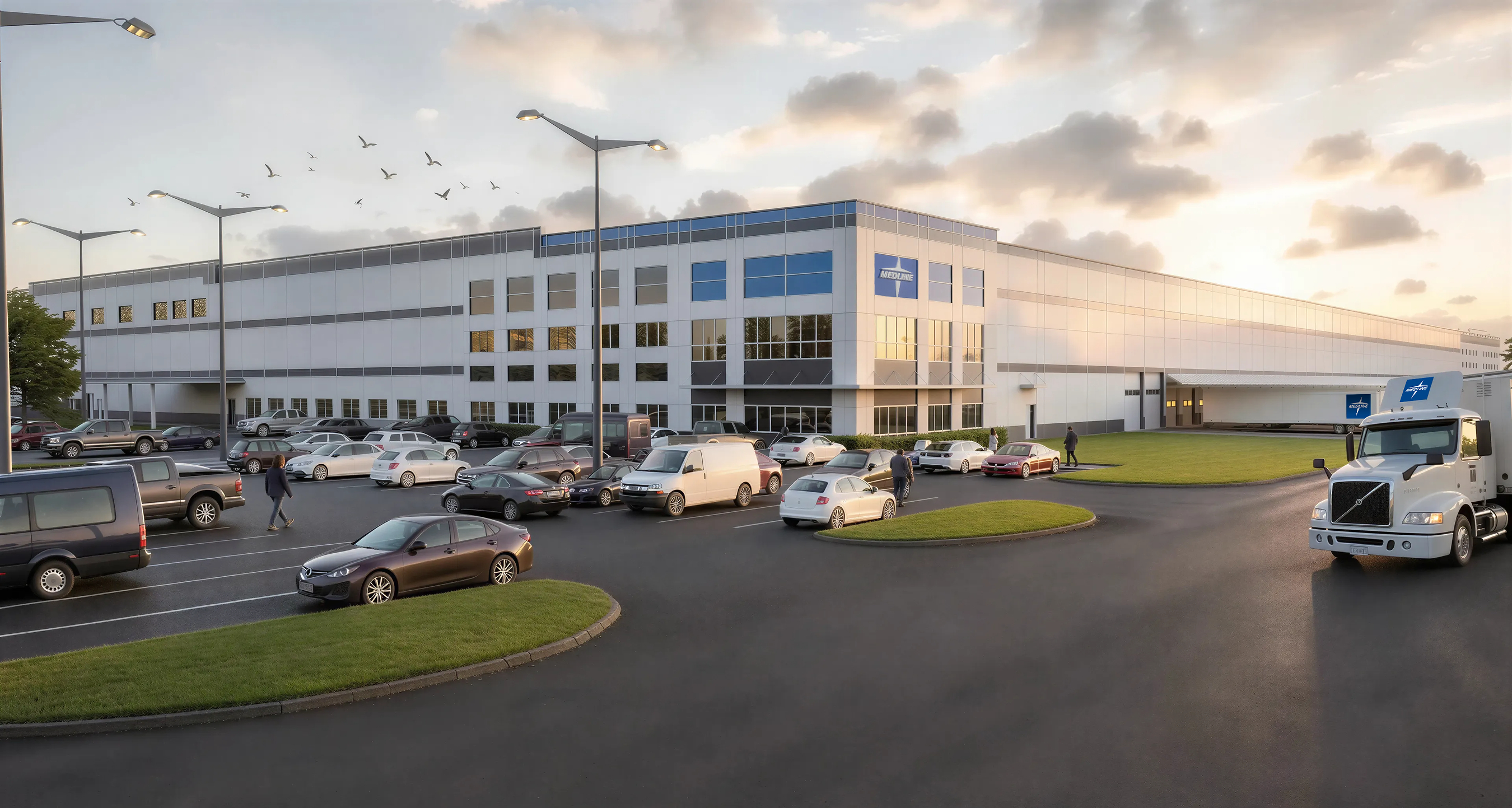 Modern industrial warehouse facility with blue and white facade, parking lot with vehicles, and landscaped grounds at dusk