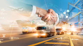 Global supply chain logistics: handshake with transportation network including trucks, planes, and shipping port operations.