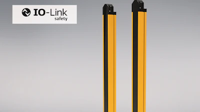 Two yellow and black IO-Link Safety light curtain sensors displayed against gradient background