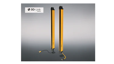 Two yellow and black IO-Link Safety light curtain sensors displayed against gradient background