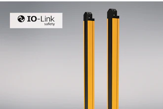 Two yellow and black IO-Link Safety light curtain sensors displayed against gradient background
