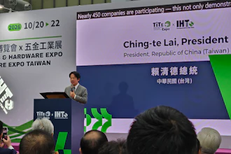 Speaker presenting at TITE and IHE Expo 2026 conference podium with event signage displaying Taiwan president information
