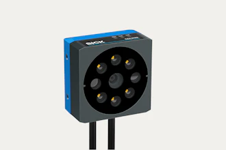 SICK 3D camera sensor with blue and gray housing and circular lens array with gold contact points